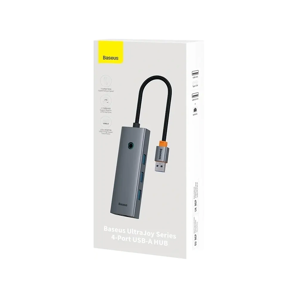 Baseus UltraJoy Series Lite Hub 4-Port USB-A / 3xUSB-A 3.0, RJ45, USB-C 5V (šedá)