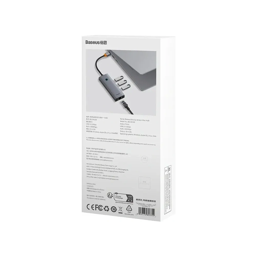 Baseus UltraJoy Series Lite Hub 4-Port USB-A / 3xUSB-A 3.0, RJ45, USB-C 5V (šedá)