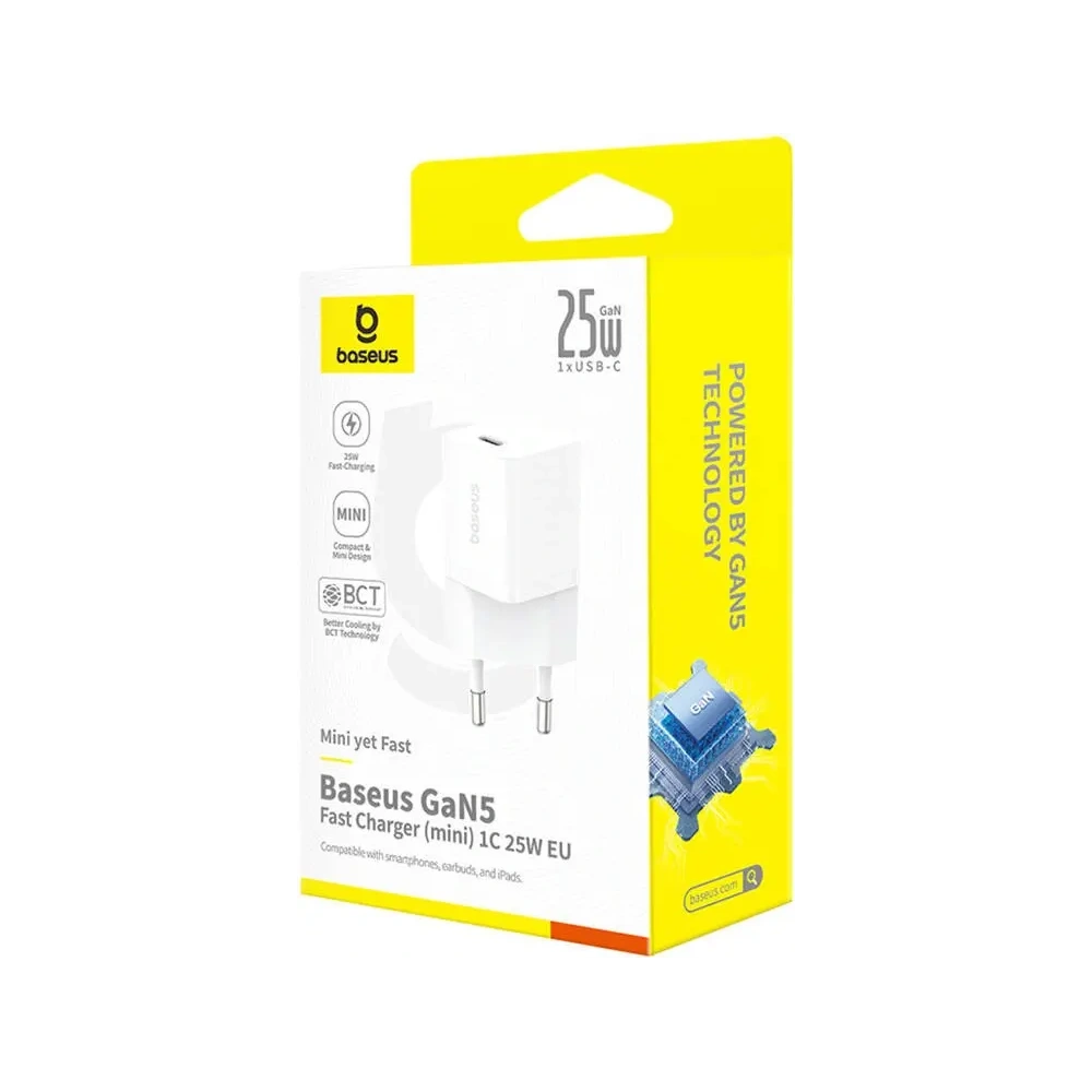 Baseus GaN5 Mini 1C 25W USB-C Nástěnná nabíječka (bílá)