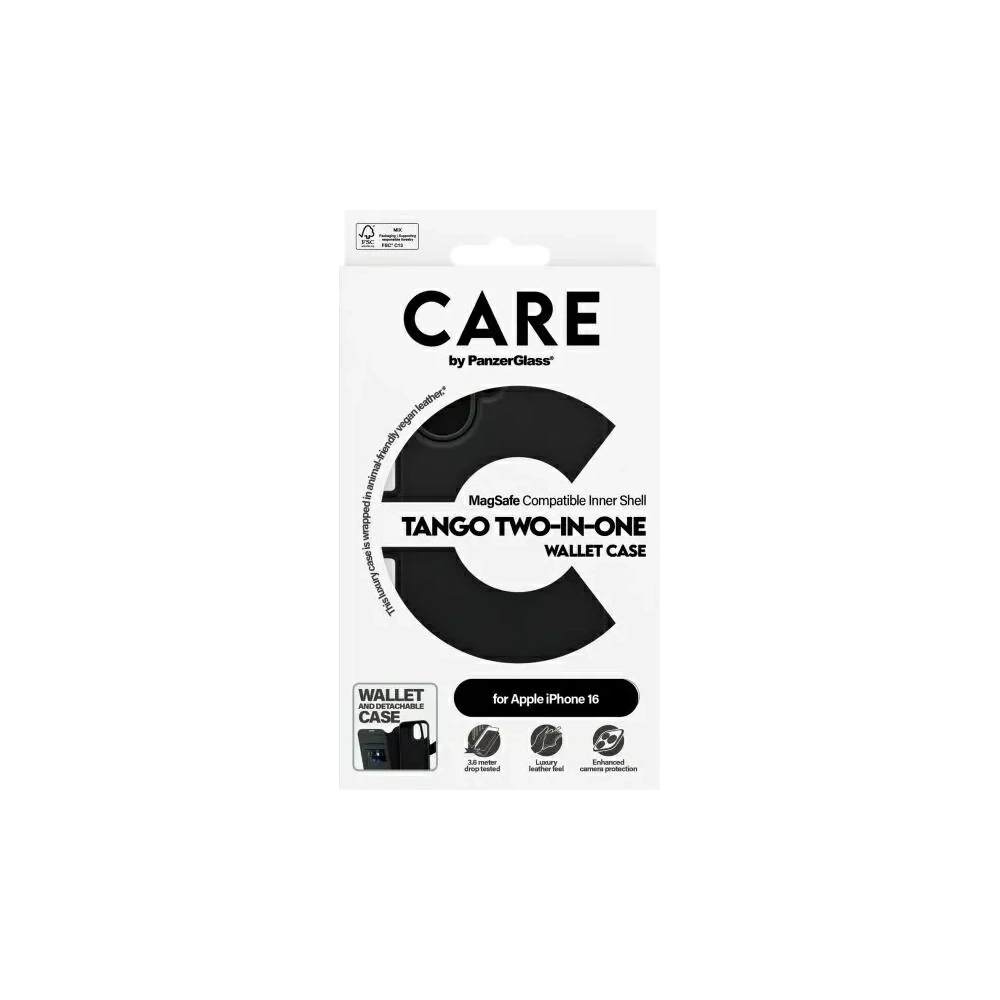 Etui z klapką CARE by PanzerGlass Feature Tango 2in1 Wallet MagSafe Apple iPhone 16 czarny