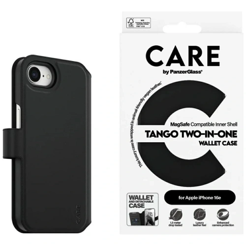 Etui z klapką CARE by PanzerGlass Feature Tango 2w1 Wallet MagSafe do Apple iPhone 16e czarny