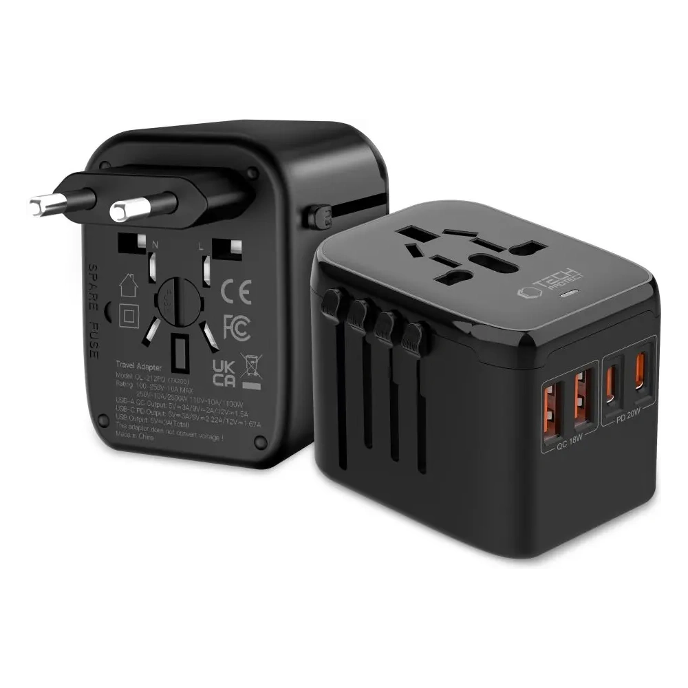 Tech-Protect TA200 Utazási Adapter EU / UK / US / AU 2xUSB-A, 2xUSB-C Fekete
