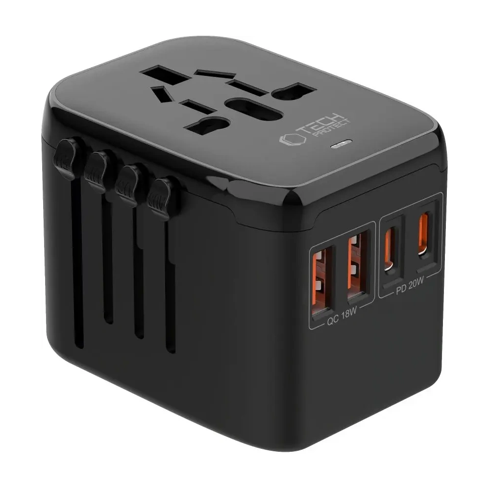 Tech-Protect TA200 Utazási Adapter EU / UK / US / AU 2xUSB-A, 2xUSB-C Fekete
