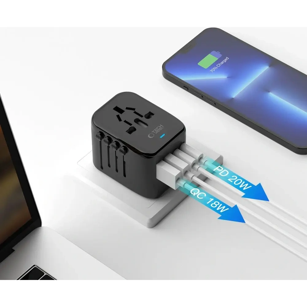 Tech-Protect TA200 Utazási Adapter EU / UK / US / AU 2xUSB-A, 2xUSB-C Fekete