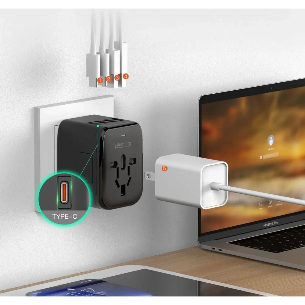 Tech-Protect TA200 Utazási Adapter EU / UK / US / AU 2xUSB-A, 2xUSB-C Fekete