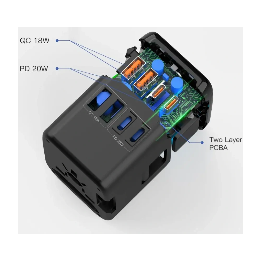Tech-Protect TA200 Utazási Adapter EU / UK / US / AU 2xUSB-A, 2xUSB-C Fekete