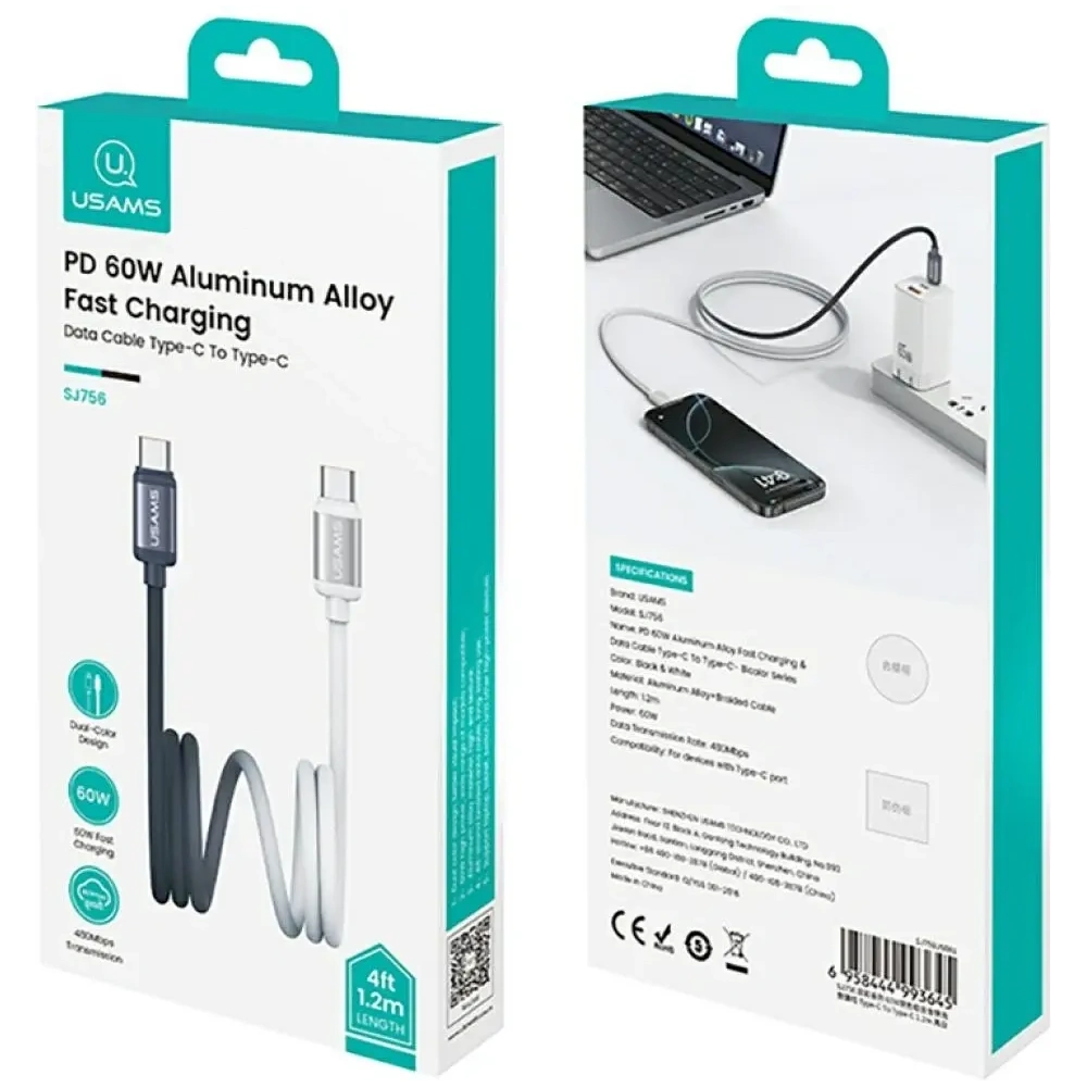 USAMS Bicolor Sorozat SJ756 PD 60W USB-C / USB-C kábel 1.2m fekete-fehér