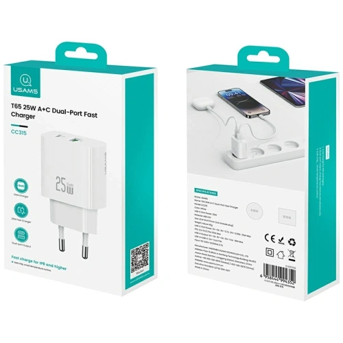 Ładowarka sieciowa USAMS CC315 T65 25W USB-A, USB-C Fast Charging biały
