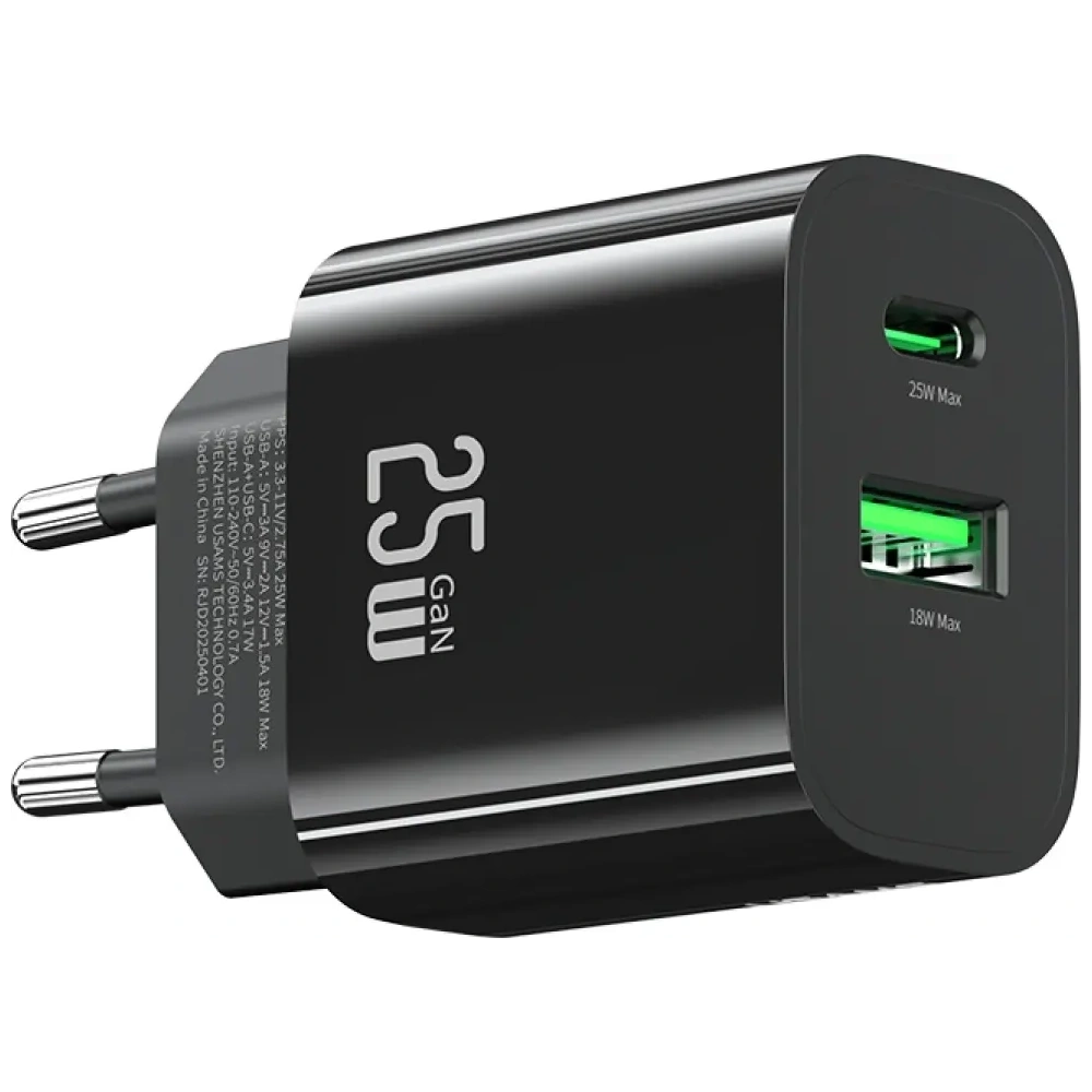 Încărcător de perete rapid USAMS CC315 T65 25W USB-A, USB-C Negru