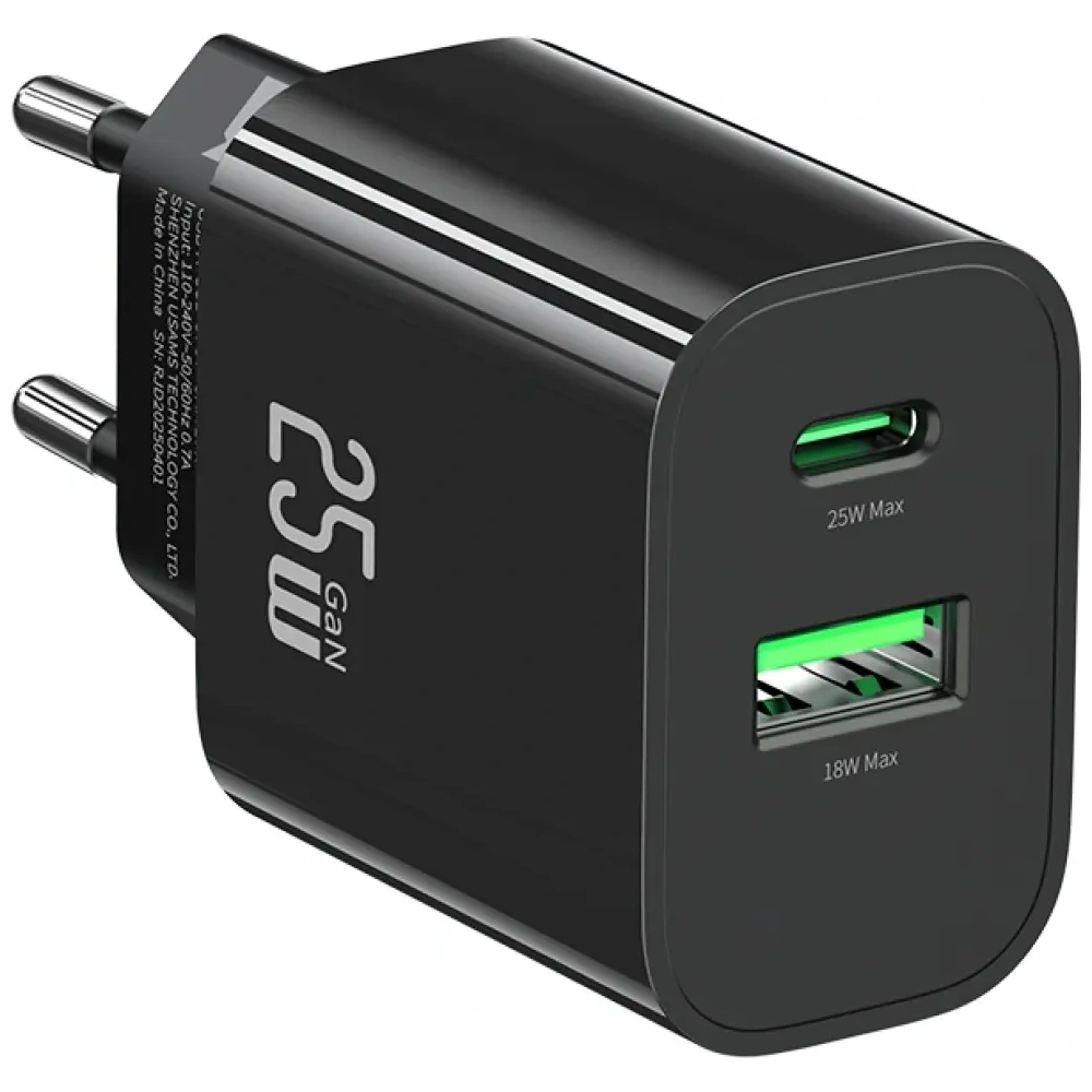 Încărcător de perete rapid USAMS CC315 T65 25W USB-A, USB-C Negru