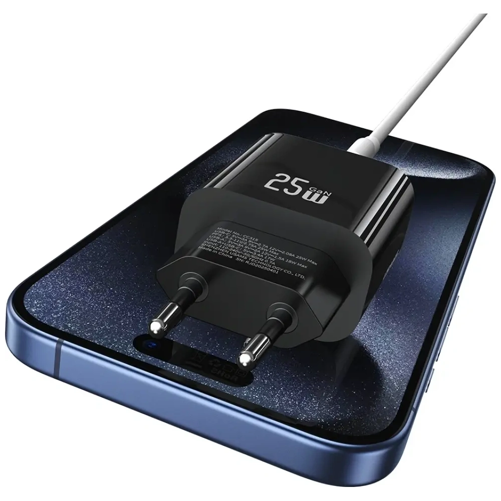 Încărcător de perete rapid USAMS CC315 T65 25W USB-A, USB-C Negru