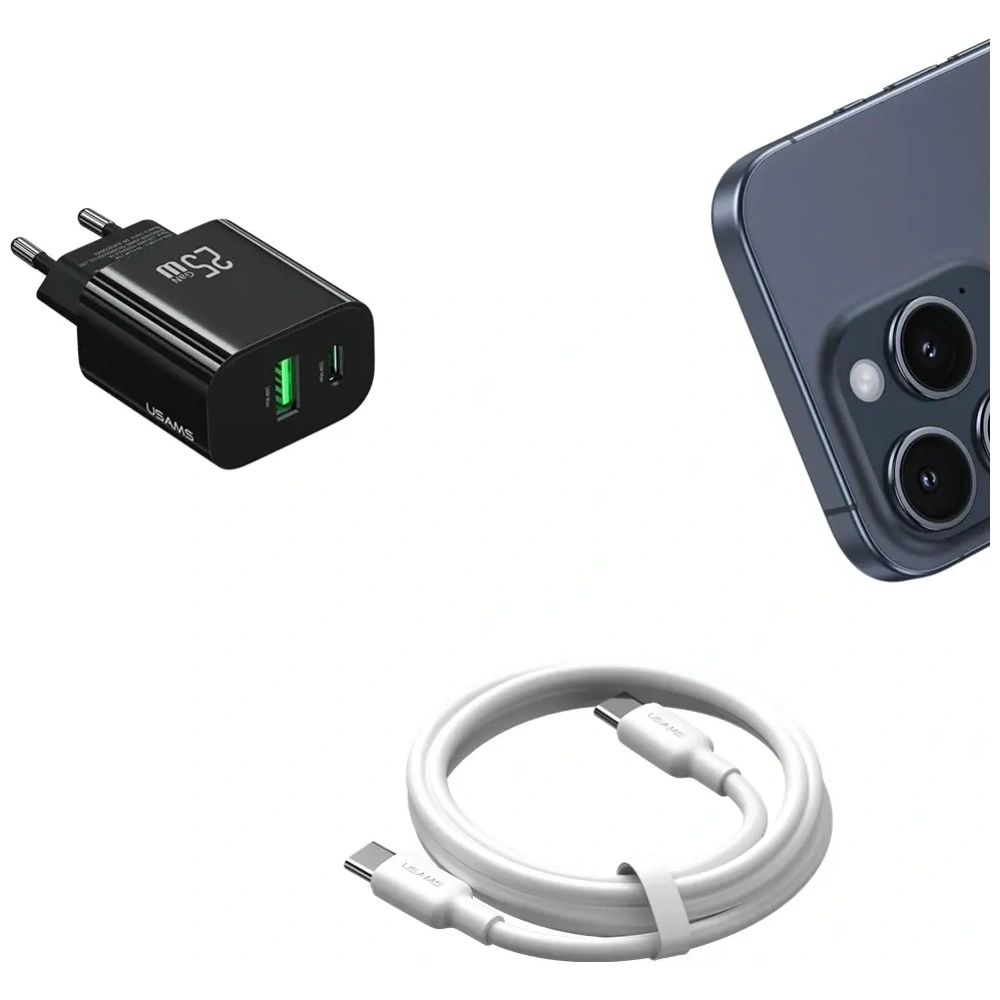 Încărcător de perete rapid USAMS CC315 T65 25W USB-A, USB-C Negru