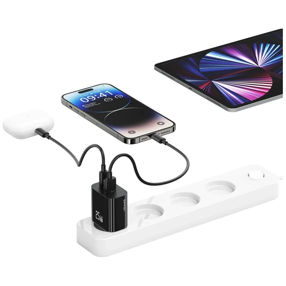Încărcător de perete rapid USAMS CC315 T65 25W USB-A, USB-C Negru