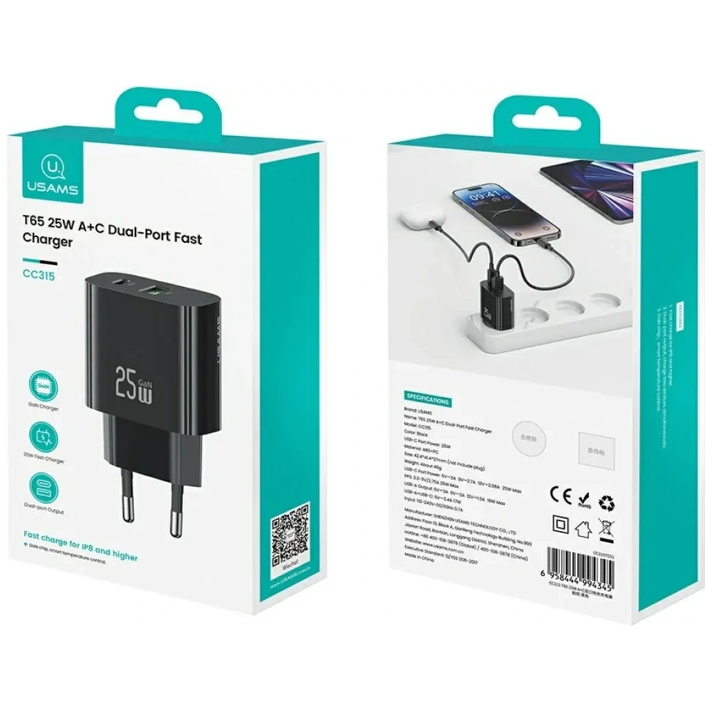 Încărcător de perete rapid USAMS CC315 T65 25W USB-A, USB-C Negru