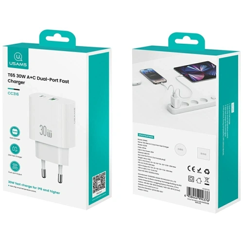 Ładowarka sieciowa USAMS CC316 T65 30W USB-A, USB-C Fast Charging biały