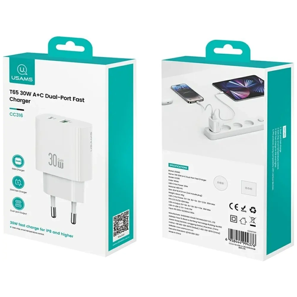 Încărcător de perete rapid USAMS CC316 T65 30W USB-A, USB-C Alb