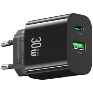 Încărcător de perete USAMS CC316 T65 30W USB-A, USB-C cu încărcare rapidă, negru
