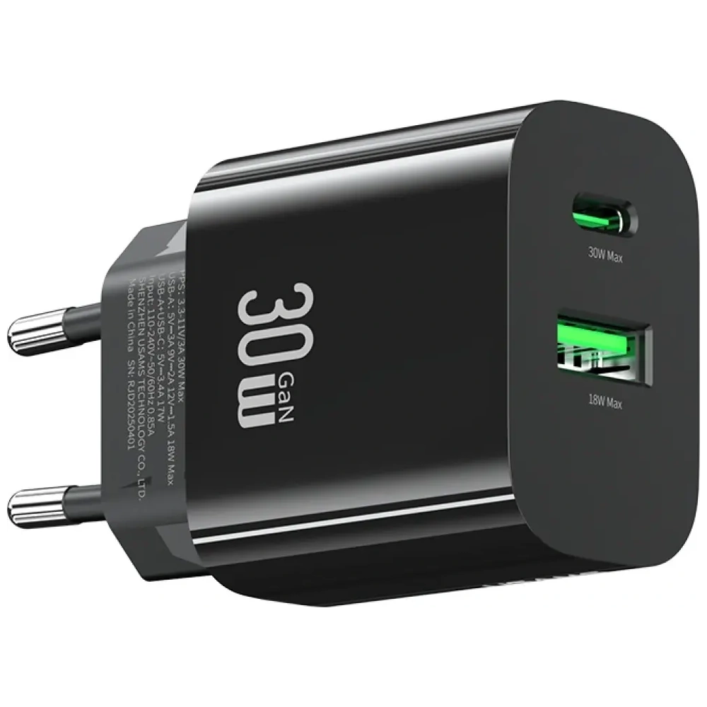 Încărcător de perete USAMS CC316 T65 30W USB-A, USB-C cu încărcare rapidă, negru