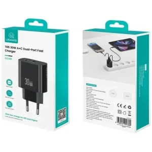 Încărcător de perete USAMS CC316 T65 30W USB-A, USB-C cu încărcare rapidă, negru