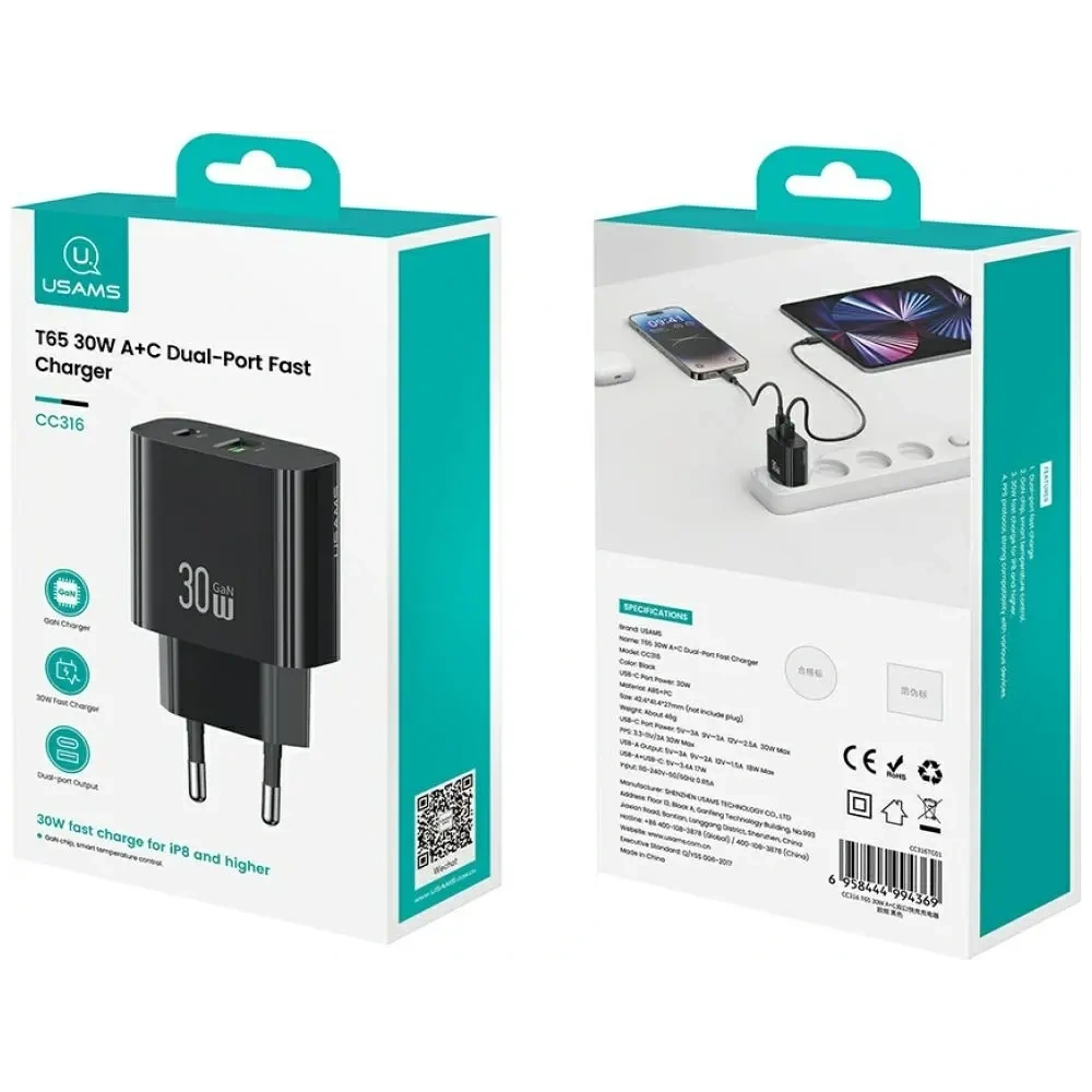 Încărcător de perete USAMS CC316 T65 30W USB-A, USB-C cu încărcare rapidă, negru