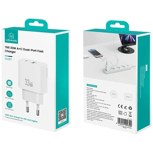 Ładowarka sieciowa USAMS CC317 T65 33W USB-A, USB-C Fast Charging biały
