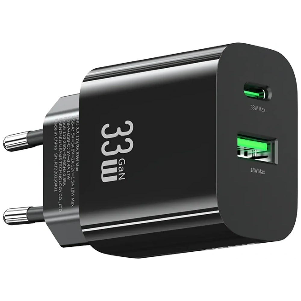 Încărcător de perete rapid USAMS CC317 T65 33W USB-A, USB-C Negru