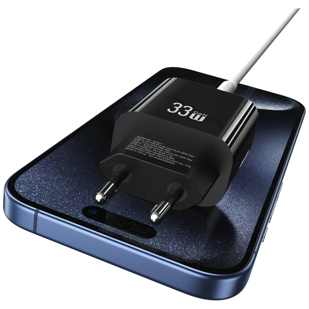 Încărcător de perete rapid USAMS CC317 T65 33W USB-A, USB-C Negru