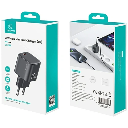 Ładowarka sieciowa USAMS JC Series CC289 25W GaN Mini Fast Charger USB-C czarny