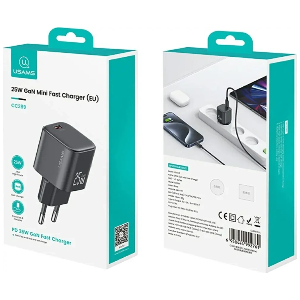 Încărcător rapid mini USB-C USAMS JC Series CC289 25W GaN negru