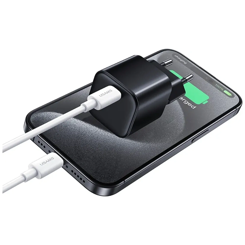 Încărcător de perete USAMS JO Series CC260 20W USB-C + cablu USB-C / Lightning de 1m Alb