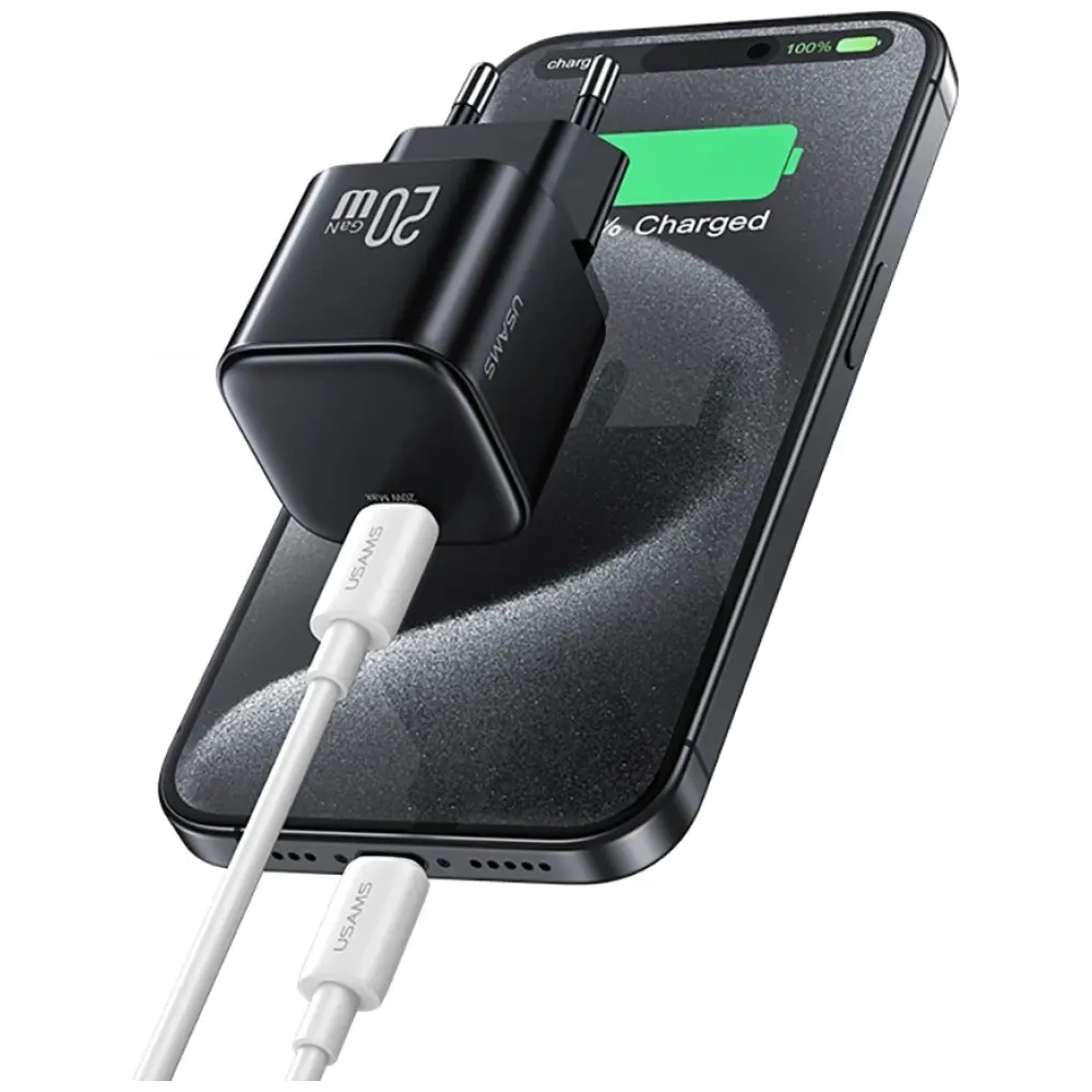 Încărcător de perete USAMS JO Series CC260 20W USB-C + Cablu USB-C la USB-C de 1m Alb