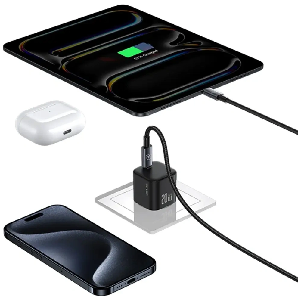 Încărcător de perete USAMS JO Series CC260 20W USB-C + Cablu USB-C la USB-C de 1m Alb