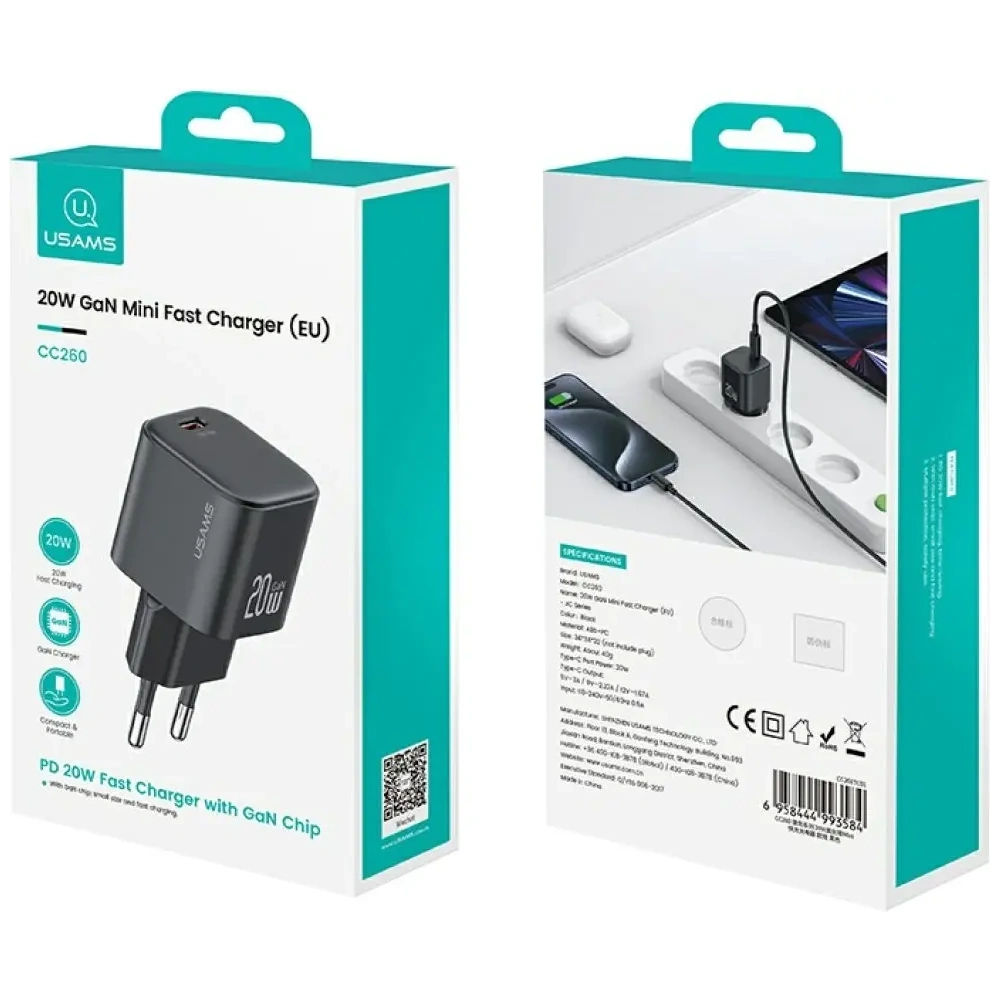 Încărcător de perete USAMS JO Series CC260 20W USB-C + Cablu USB-C la USB-C de 1m Alb