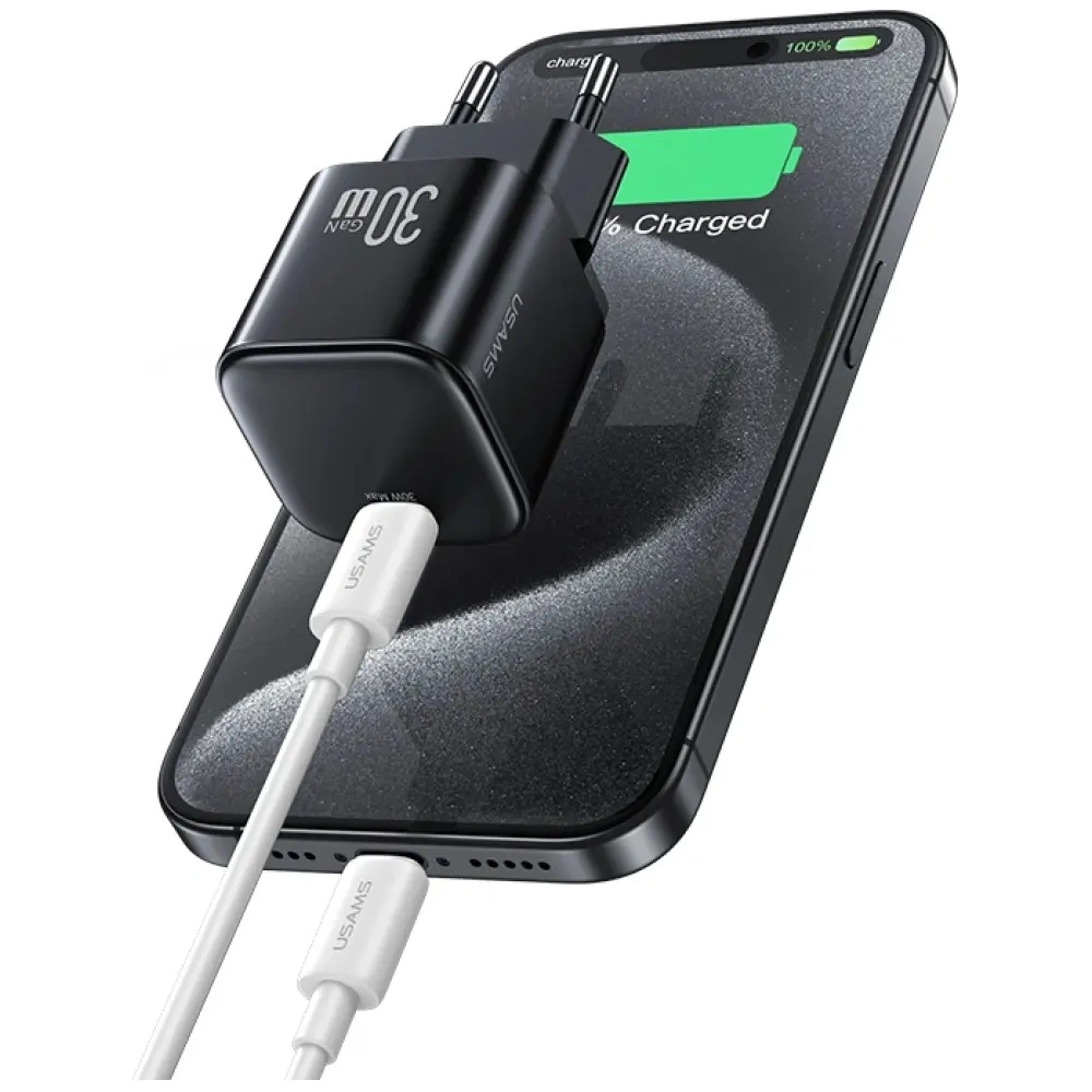 Încărcător de perete USAMS JO Series CC262 30W USB-C + cablu USB-C / Lightning de 1m Alb
