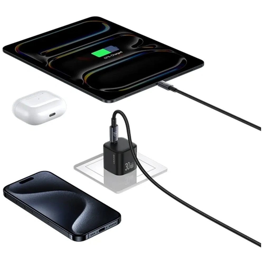 Încărcător de perete USAMS JO Series CC262 30W USB-C + cablu USB-C / USB-C de 1m Alb