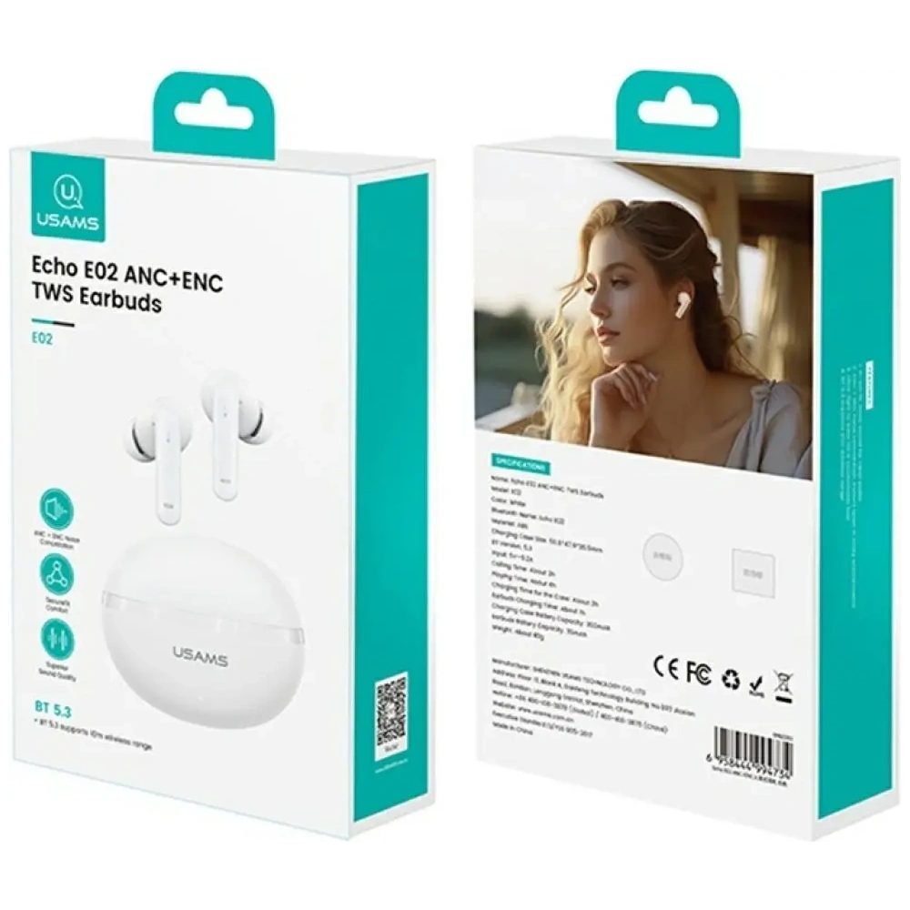 USAMS Echo E02 TWS ANC+ENC Bluetooth 5.3 Vezeték nélküli Fülhallgató (fehér)
