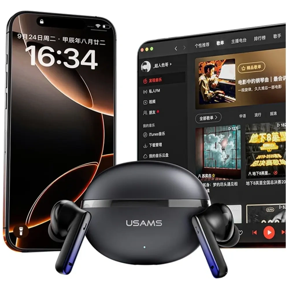 USAMS Echo E02 TWS ANC+ENC Bluetooth 5.3 Vezeték nélküli Fülhallgató (fekete)