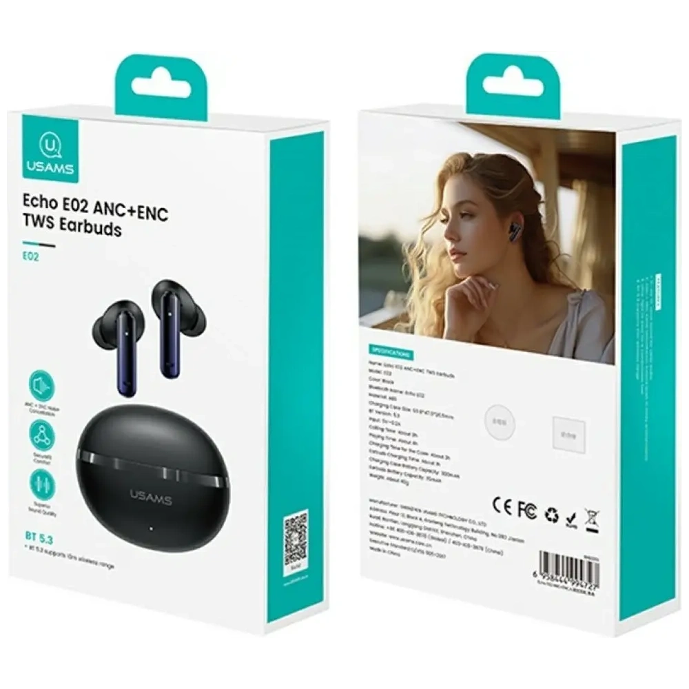 USAMS Echo E02 TWS ANC+ENC Bluetooth 5.3 Vezeték nélküli Fülhallgató (fekete)
