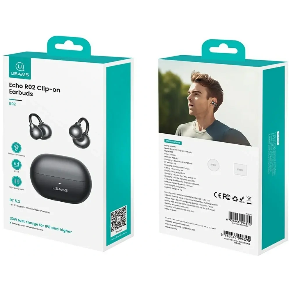 USAMS Echo R02 Bezdrátová klipsová sluchátka Bluetooth 5.3 (šedá)