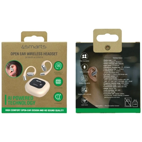 Bezprzewodowe słuchawki Open-Ear 4smarts SkyBuds OWS Bluetooth 5.4 z ekranem AI beżowy