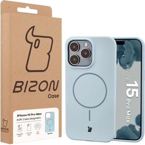 Silikonowe etui z pierścieniem magnetycznym Bizon Soft Case Magnetic do Apple iPhone 15 Pro Max błękitne