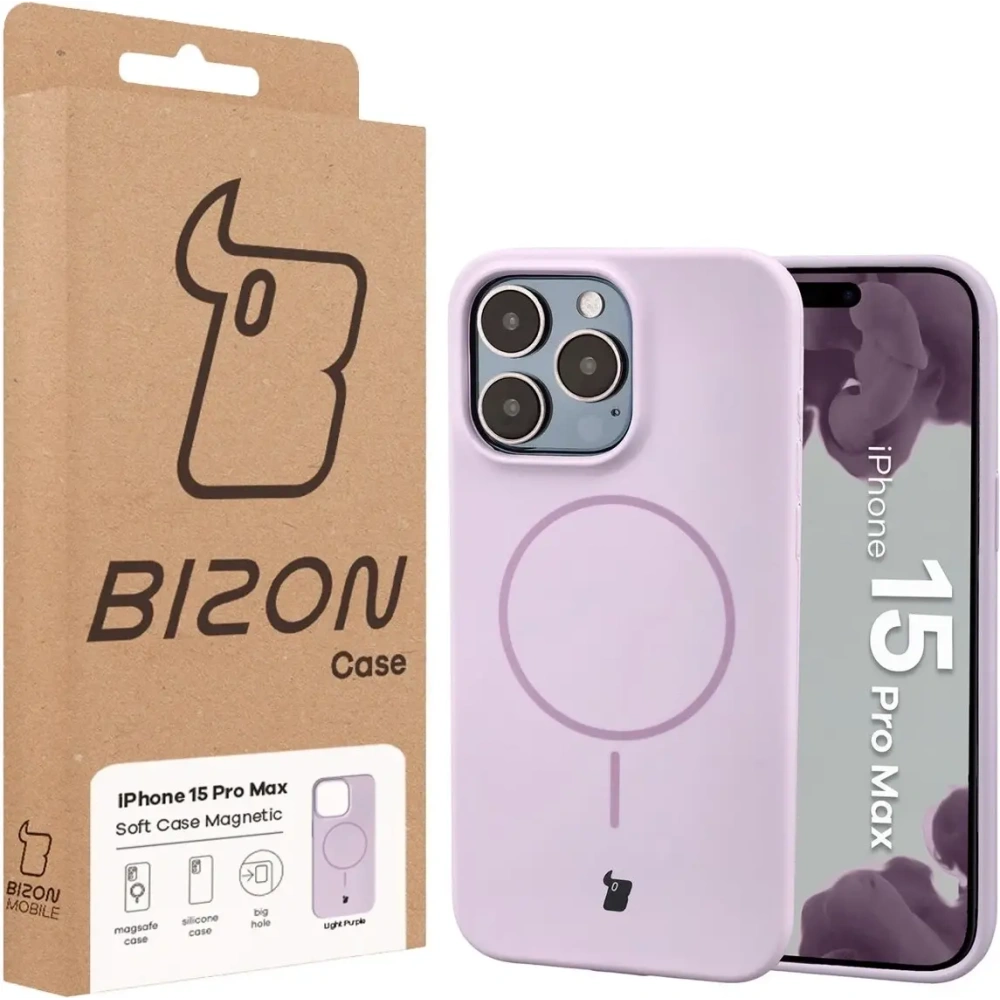 Silikonowe etui z pierścieniem magnetycznym Bizon Soft Case Magnetic do Apple iPhone 15 Pro Max jasnofioletowe