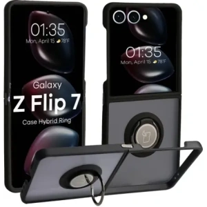 Etui z uchwytem na palec Bizon Case Hybrid Ring do Samsung Galaxy Z Flip7 przydymione z czarną ramką