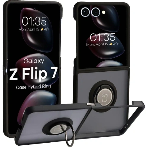 Etui z uchwytem na palec Bizon Case Hybrid Ring do Samsung Galaxy Z Flip7 przydymione z czarną ramką