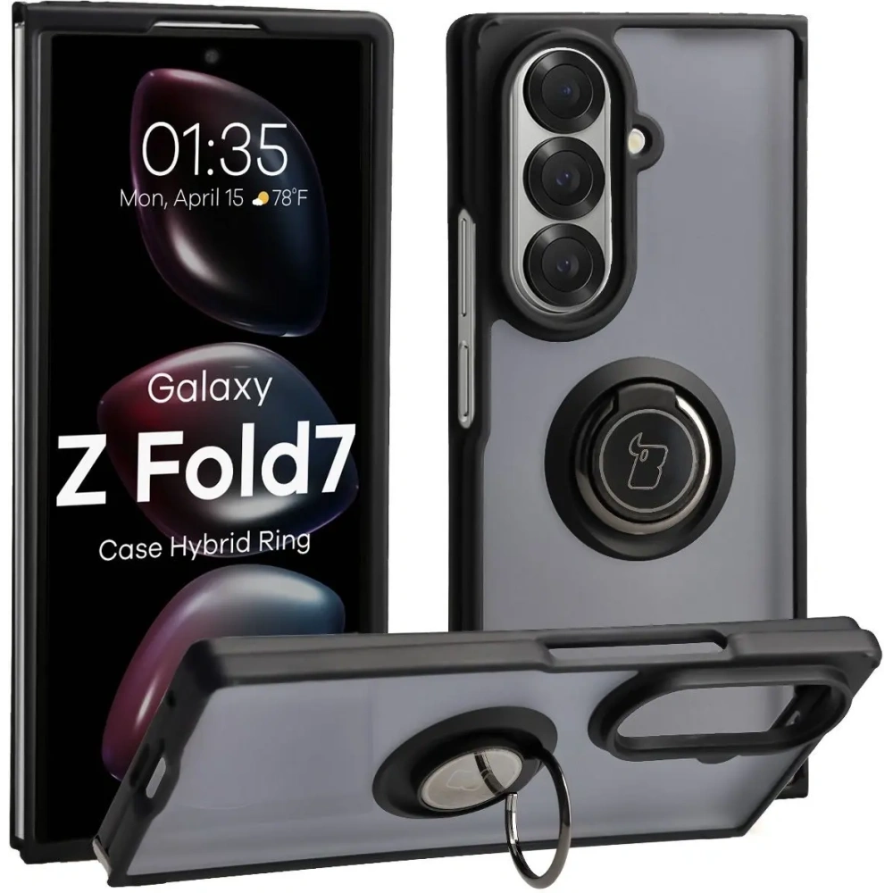 Etui z uchwytem na palec Bizon Case Hybrid Ring do Samsung Galaxy Z Fold7 przydymione z czarną ramką