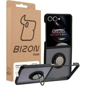 Etui z uchwytem na palec Bizon Case Hybrid Ring do Samsung Galaxy Z Flip7 przydymione z czarną ramką