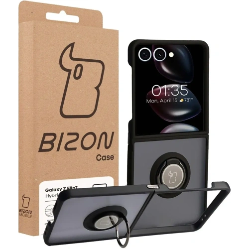 Etui z uchwytem na palec Bizon Case Hybrid Ring do Samsung Galaxy Z Flip7 przydymione z czarną ramką