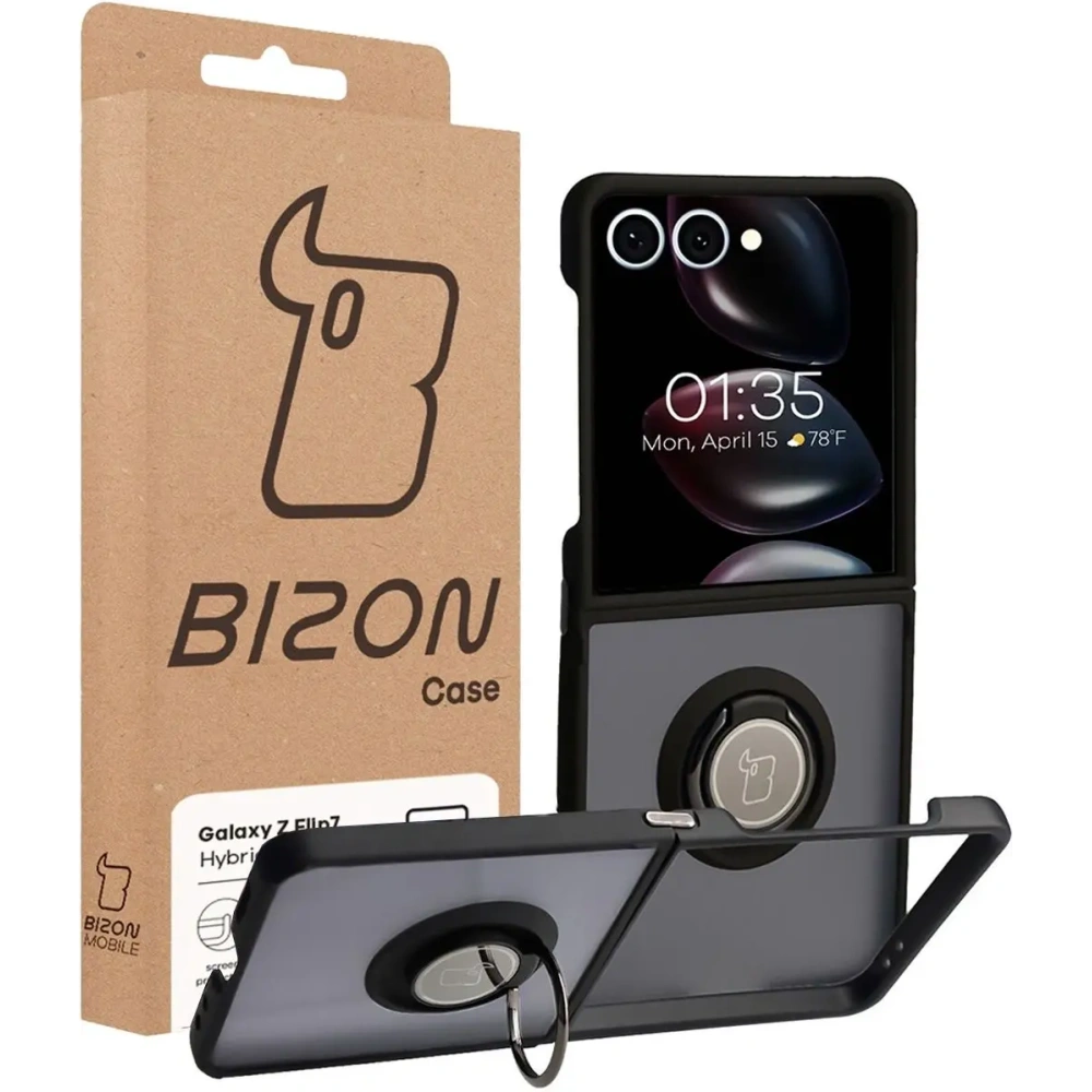 Etui z uchwytem na palec Bizon Case Hybrid Ring do Samsung Galaxy Z Flip7 przydymione z czarną ramką