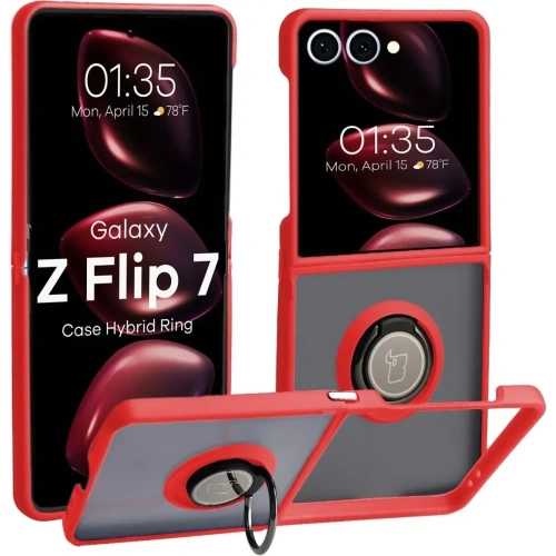 Etui z uchwytem na palec Bizon Case Hybrid Ring do Samsung Galaxy Z Flip7 przydymione z czerwoną ramką