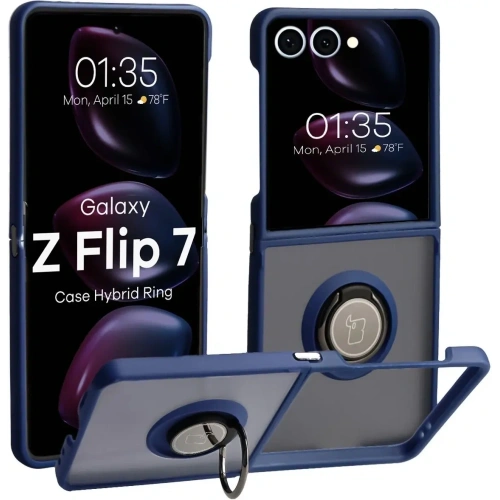 Etui z uchwytem na palec Bizon Case Hybrid Ring do Samsung Galaxy Z Flip7 przydymione z ciemnoniebieską ramką